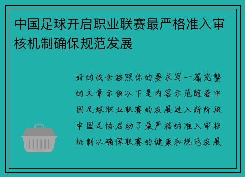 中国足球开启职业联赛最严格准入审核机制确保规范发展 中国足球开启职业联赛最严格准入审核机制确保规范发展
